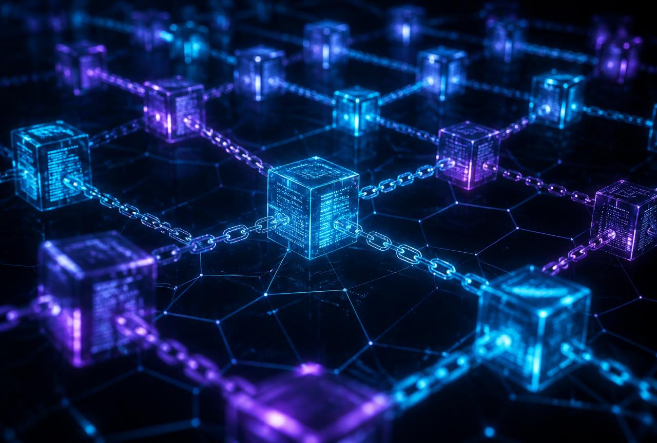 Glowing blockchain of cubic blocks connected by chains of light