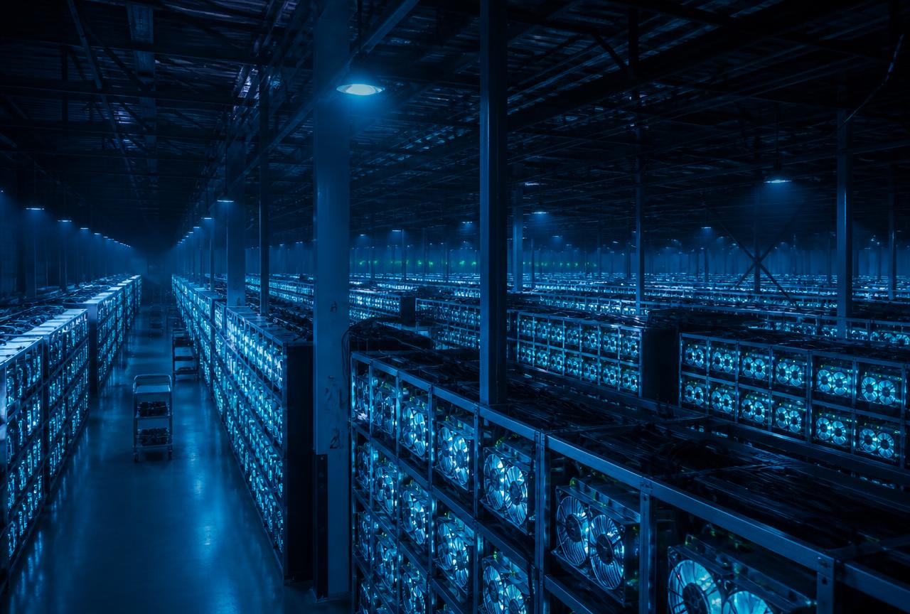 Large mining farm with rows of cyan-lit ASIC miners